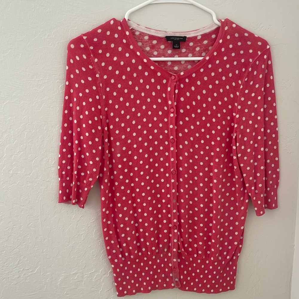 Ann Taylor pink and white polka dotted cardigan.